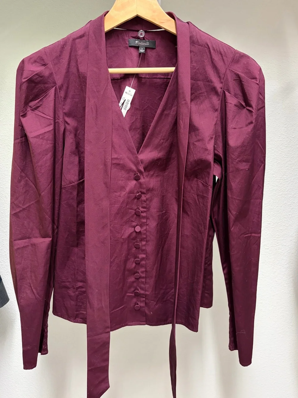 Madewell Women's Deep Plum Tie-Neck Button Front Blouse
